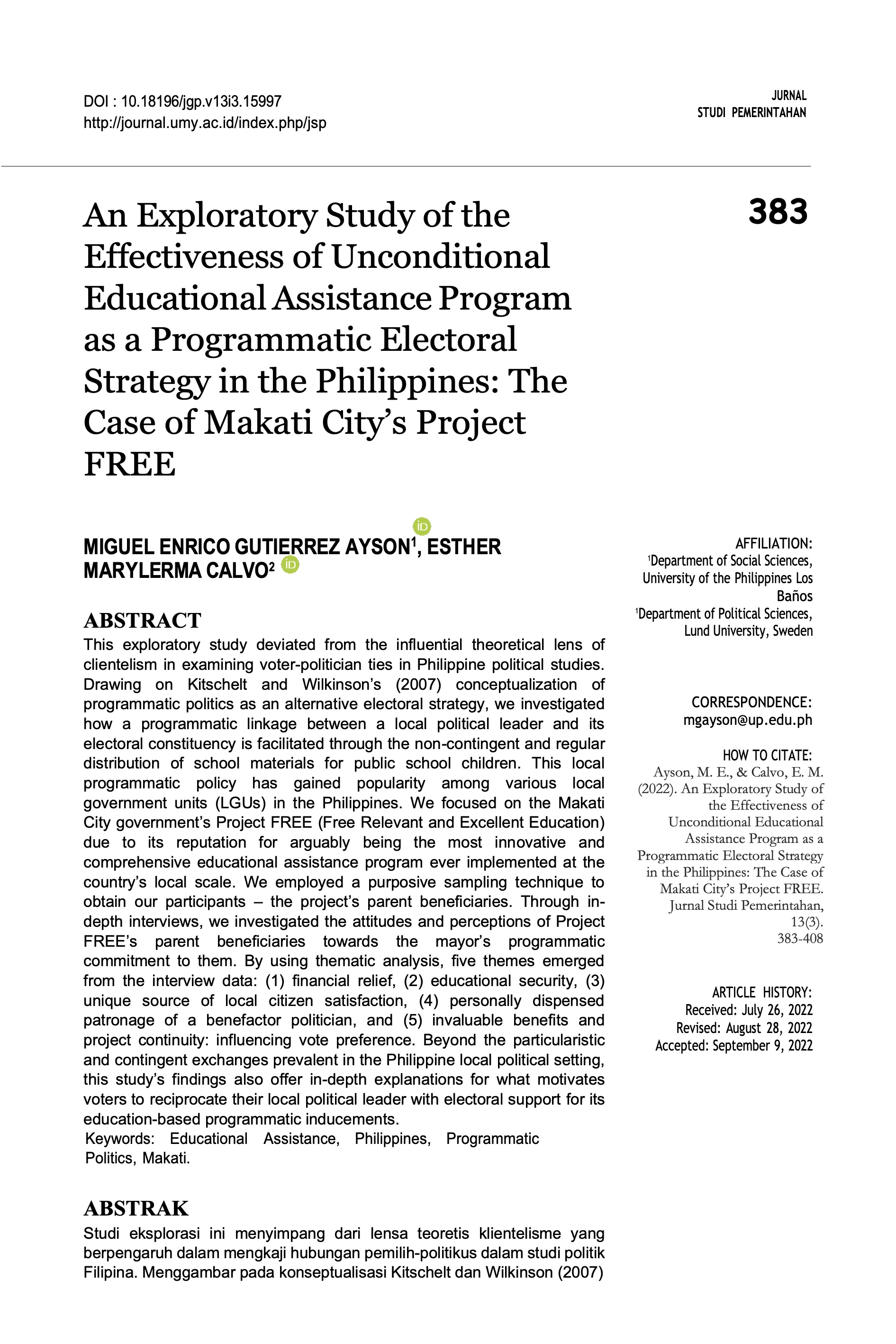 An Exploratory Study of the Effectiveness of Unconditional Educational Assistance Program as a Programmatic Electoral Strategy in the Philippines: The Case of Makati City’s Project FREE