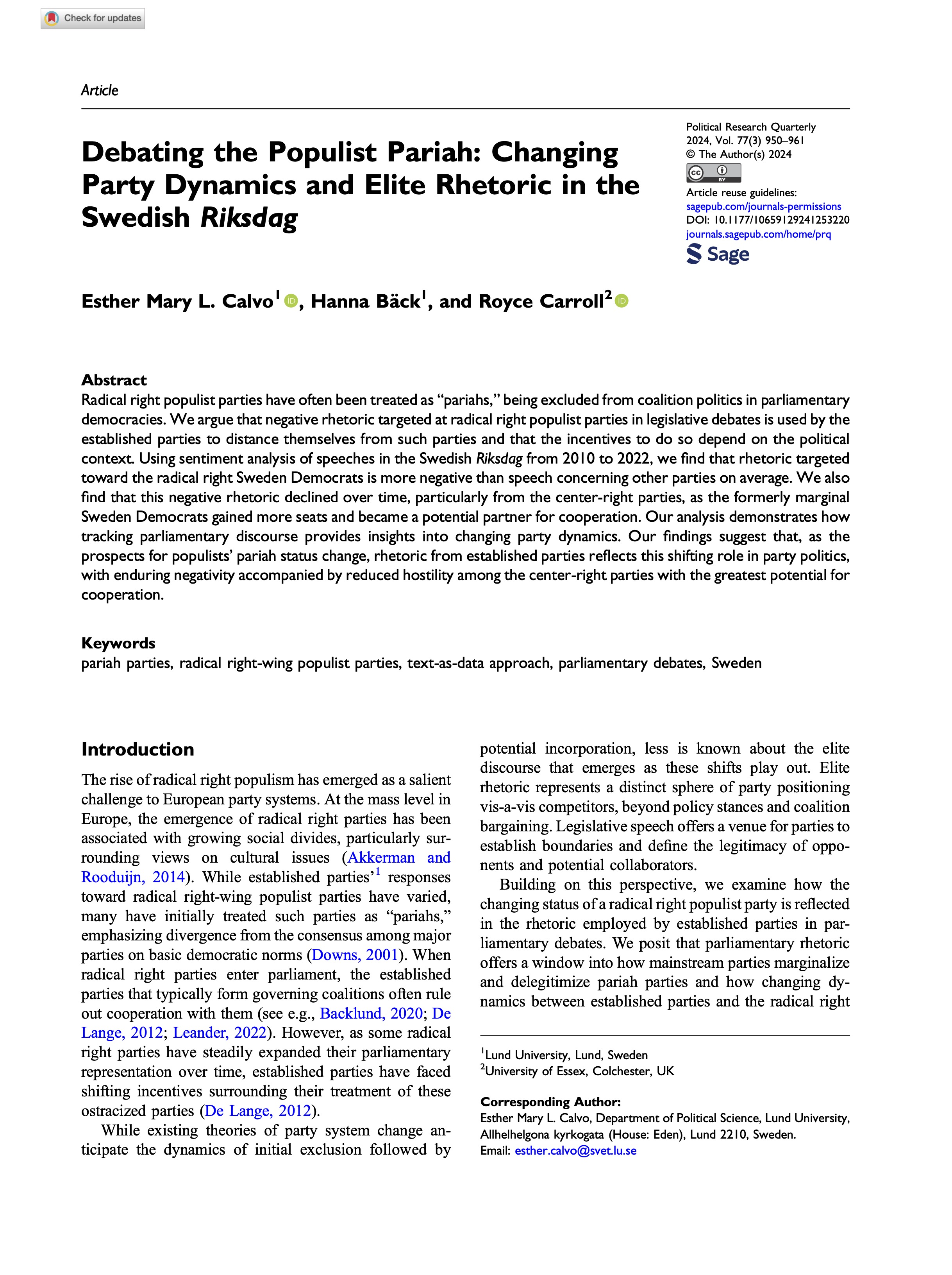 Debating the Populist Pariah: Changing Party Dynamics and Elite Rhetoric in the Swedish Riksdag